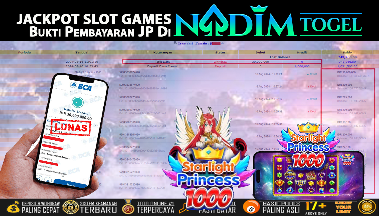 NADIMTOGEL JACKPOT SLOT MANIA PRINCESS 1000 Rp 30,000,000,- LUNAS