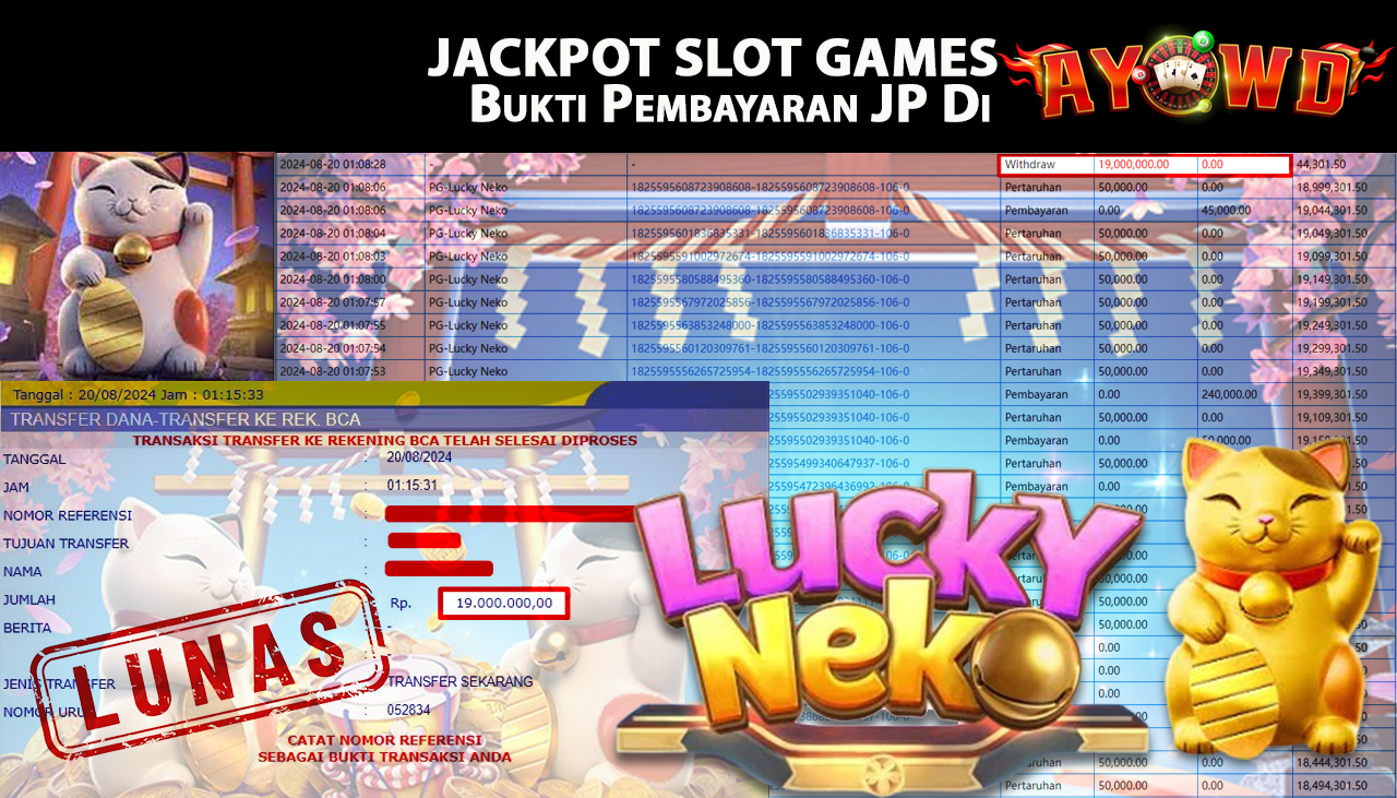 AYOWD JACKPOT SLOT GAME PG-Lucky Neko Rp 19,000,000 LUNAS