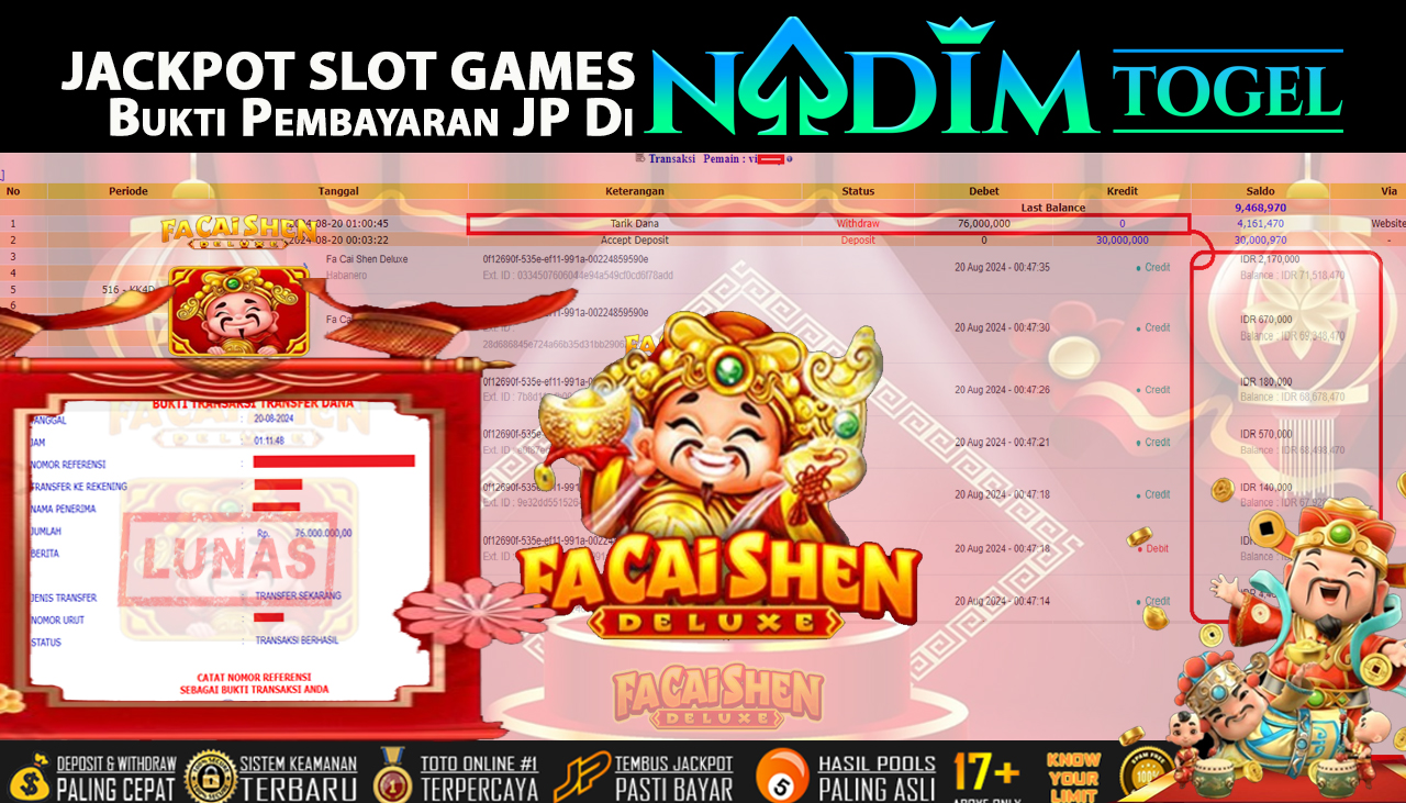 NADIMTOGEL JACKPOT SLOT Fa Cai Shen Deluxe  Rp 76.000.000,- LUNAS