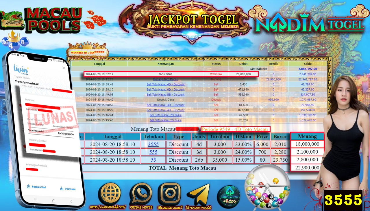 NADIMTOGEL JACKPOT TOGEL TOTOMACAU POOLS 4D Rp 20,000,000,- LUNAS