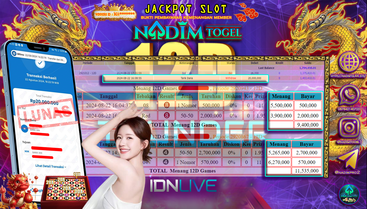 NADIMTOGEL JACKPOT LIVEGAMES 12D THUNDER GAMES Rp 20,000,000,- LUNAS