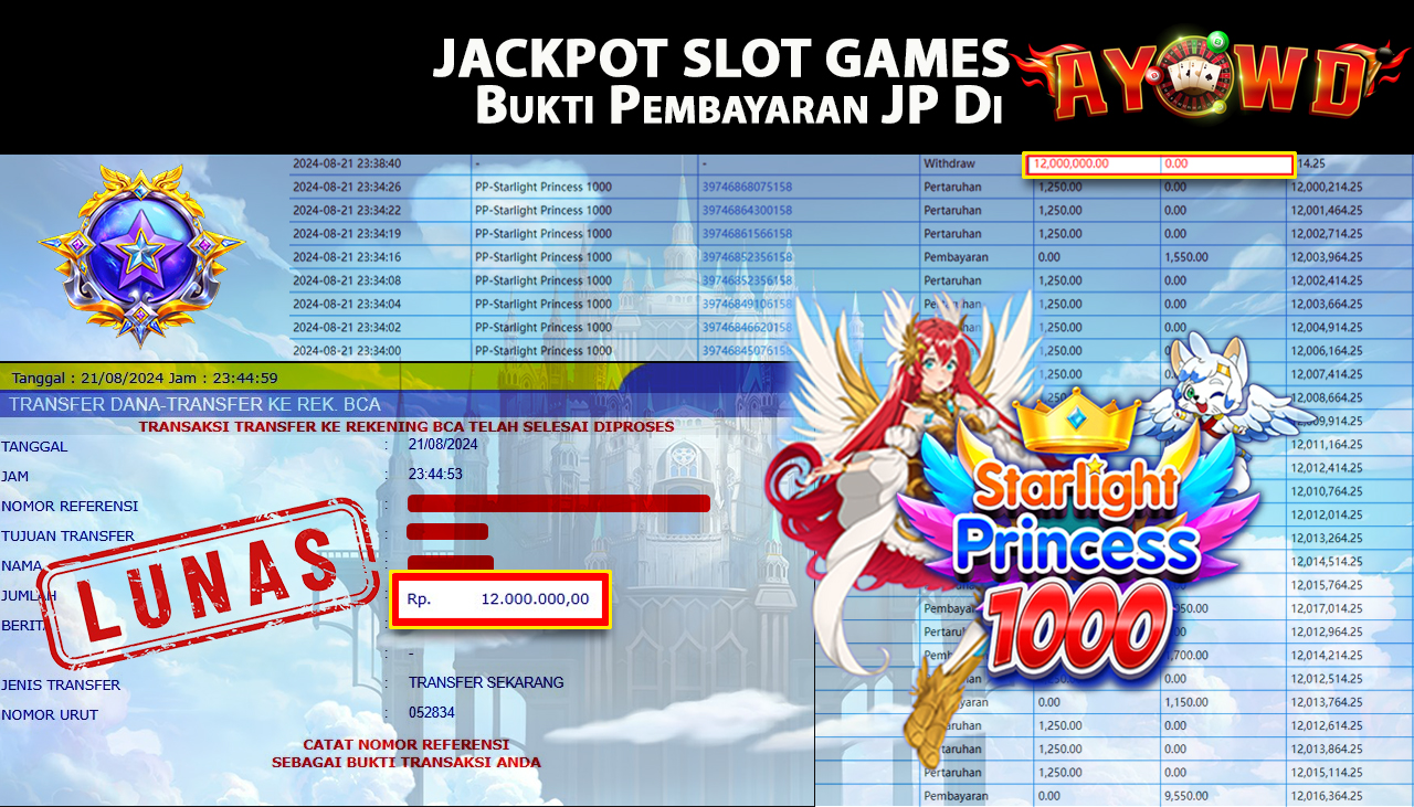 AYOWD JACKPOT SLOT GAME PP-Starlight Princess 1000 Rp 12,000,000 LUNAS
