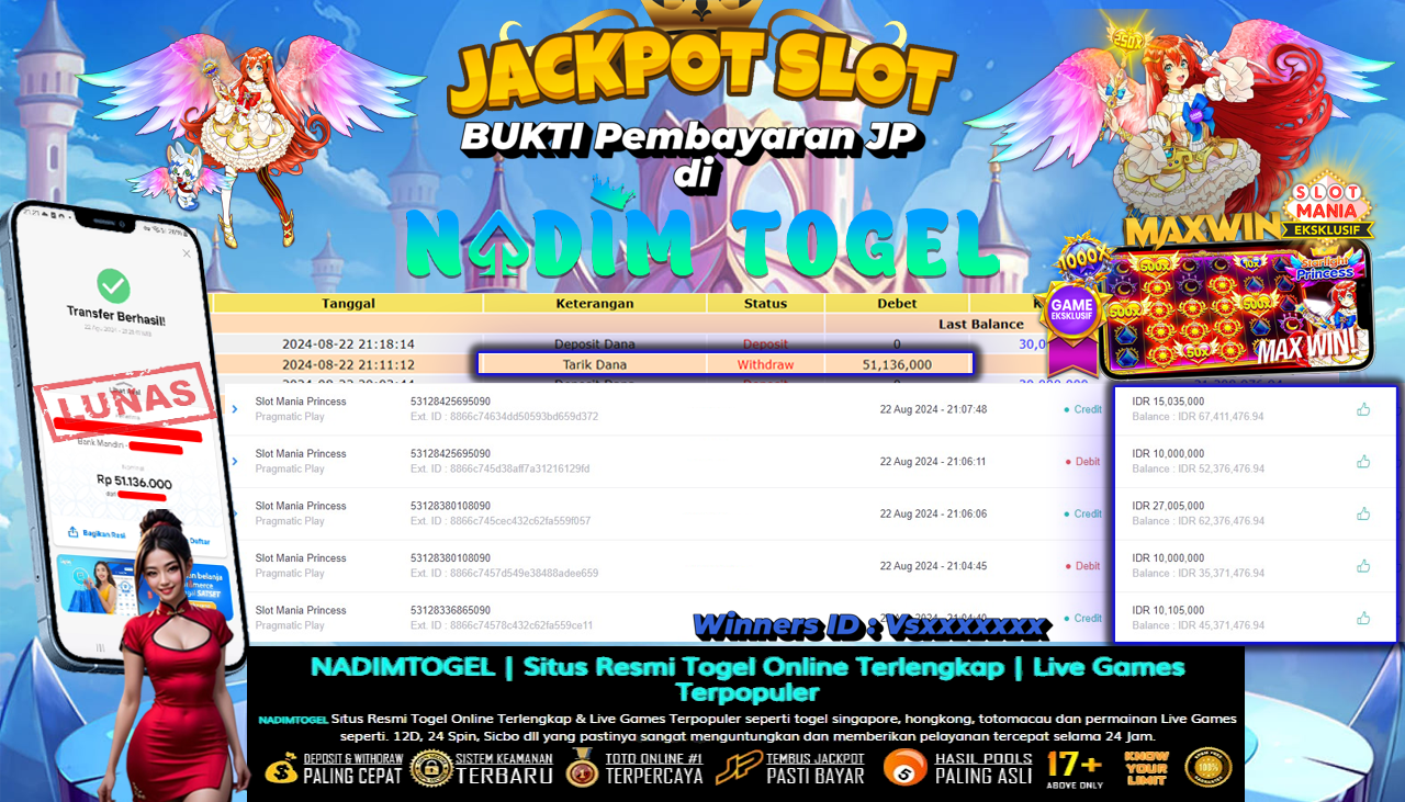 NADIMTOGEL JACKPOT SLOT MANIA PRINCESS Rp 51,136,000,- LUNAS