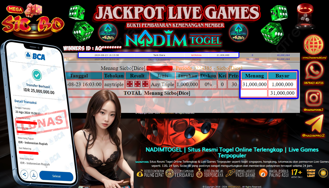 NADIMTOGEL JACKPOT LIVEGAMES SICBO DICE Rp 21.000.000,- LUNAS