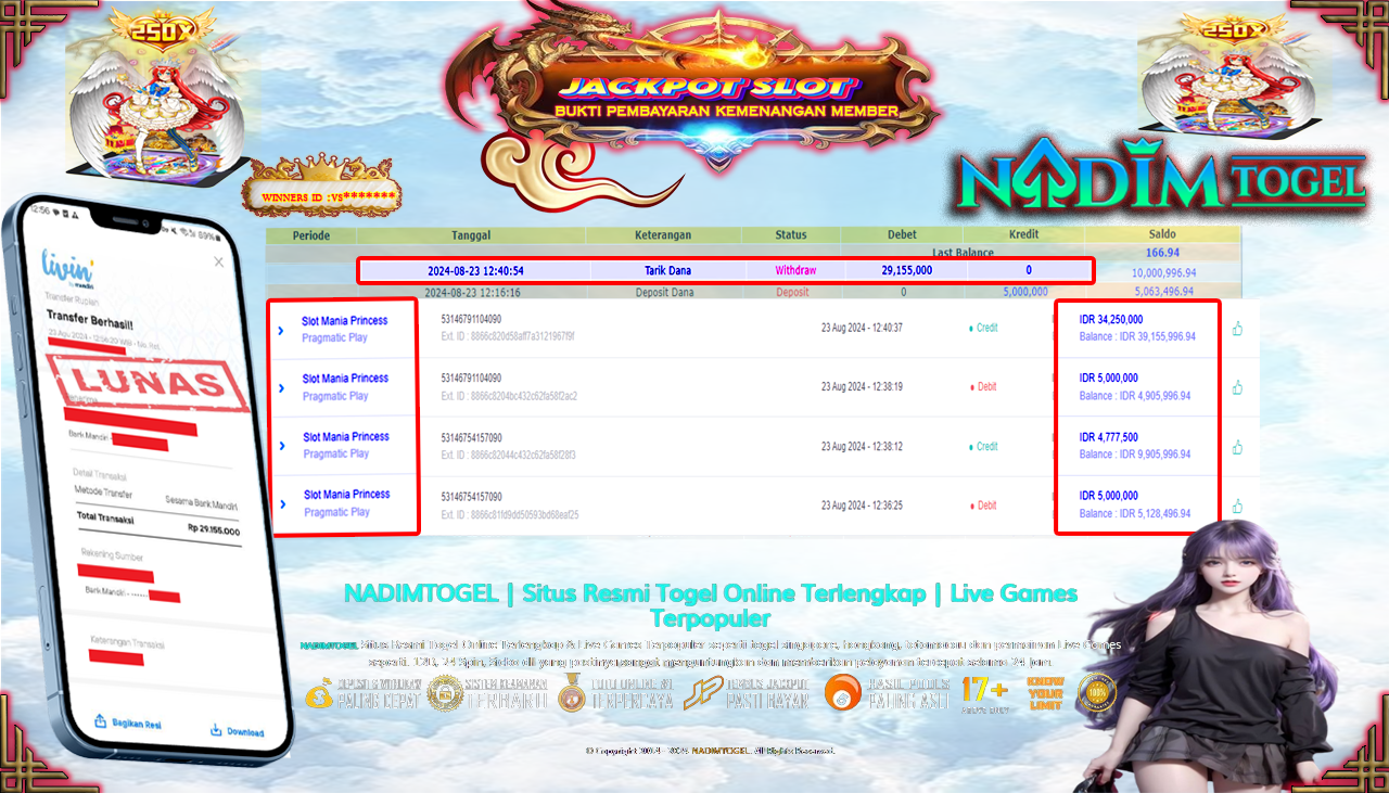 NADIMTOGEL JACKPOT SLOT MANIA PRINCESS Rp 29,155,000,- LUNAS