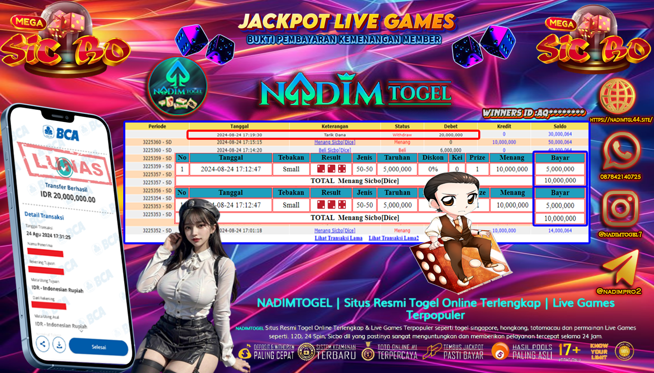 NADIMTOGEL JACKPOT LIVEGAMES SICBO DICE Rp 20.000.000,- LUNAS