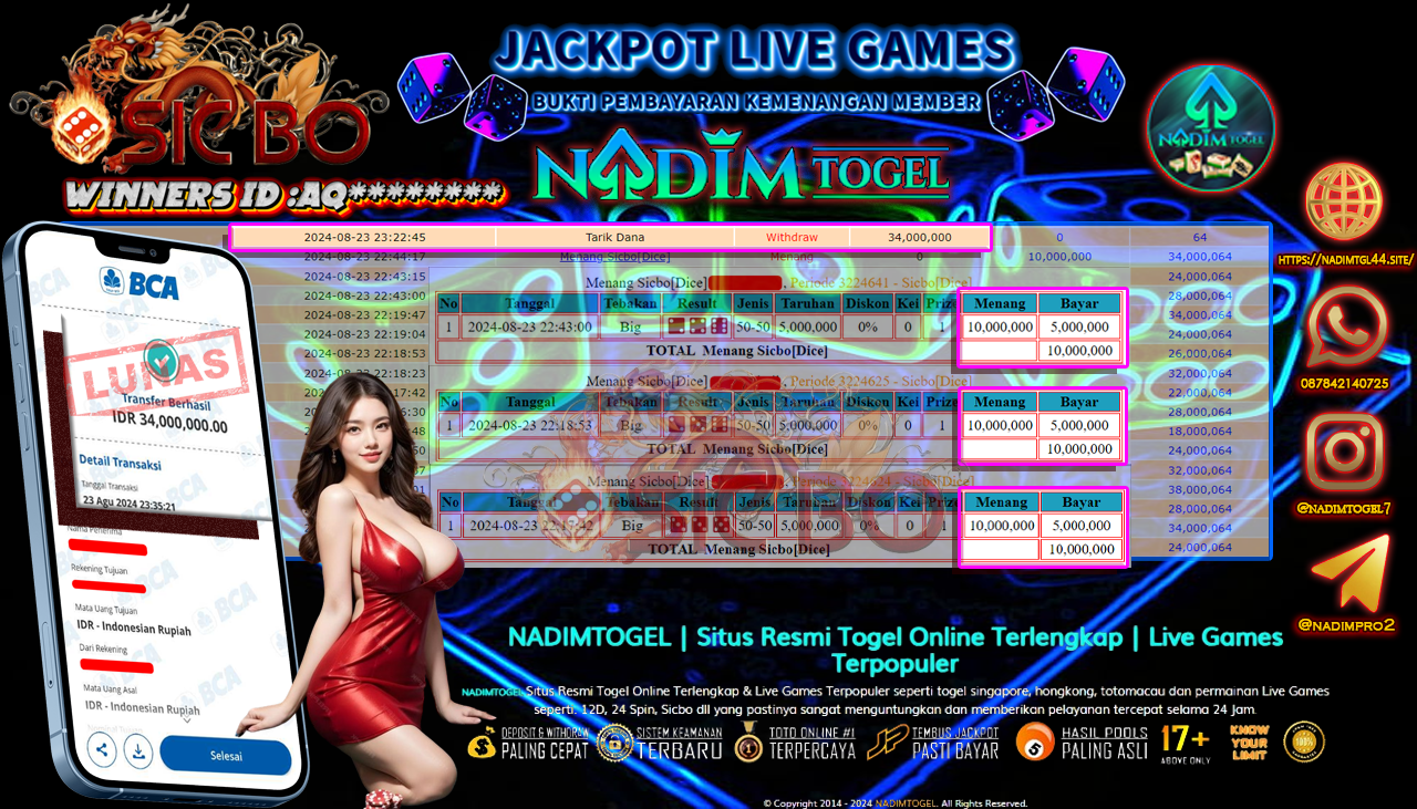 NADIMTOGEL JACKPOT LIVEGAMES SICBO DICE Rp 34.000.000,- LUNAS