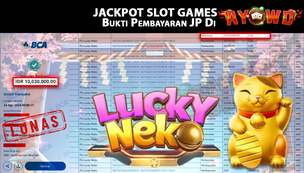 AYOWD JACKPOT SLOT GAME PG-Lucky Neko Rp 10,030,000 LUNAS