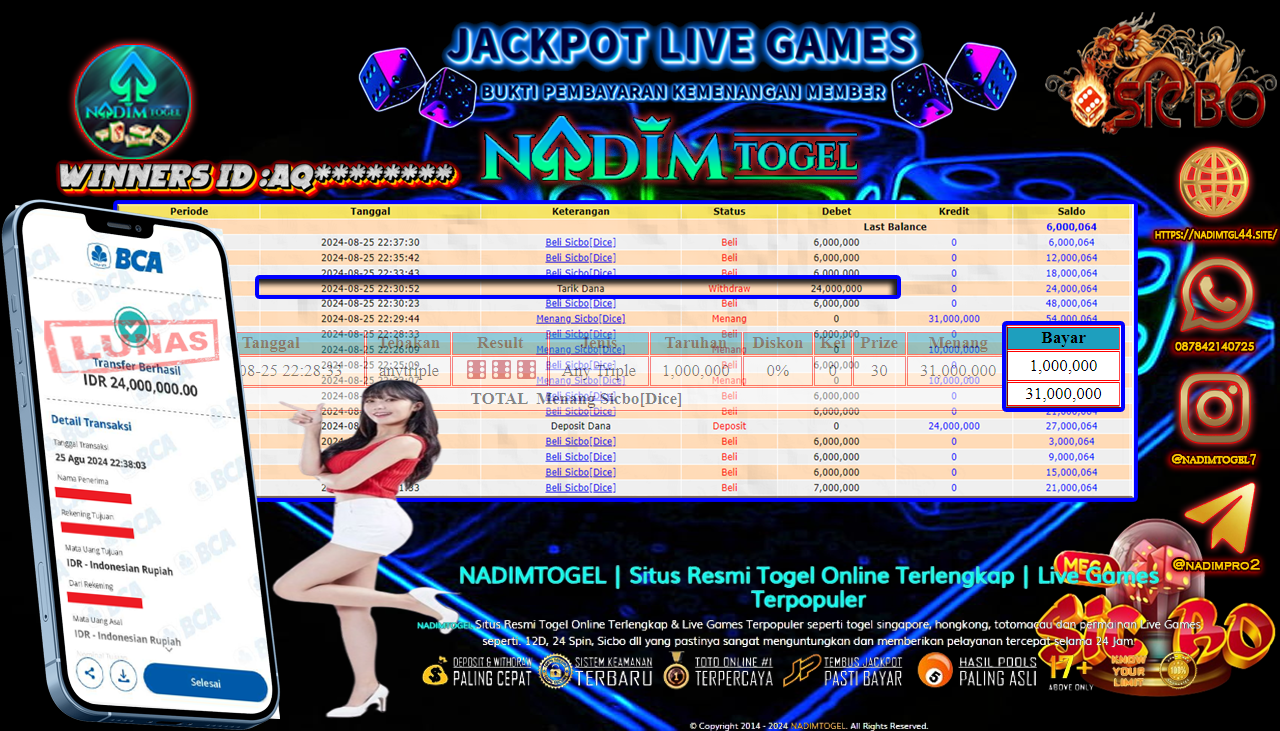 NADIMTOGEL JACKPOT LIVEGAMES SICBO [DICE] Rp.24.000.000,- LUNAS