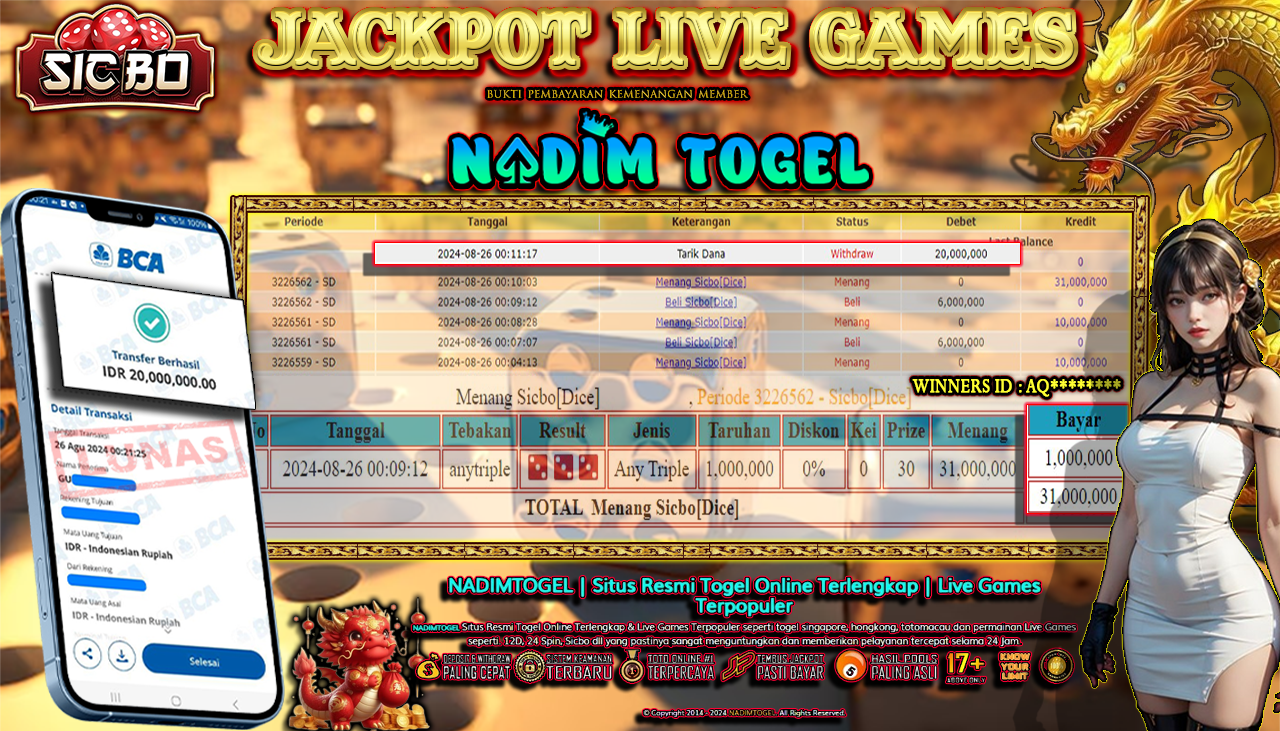 NADIMTOGEL JACKPOT LIVEGAMES SICBO [Dice] Rp20.000.000,- LUNAS