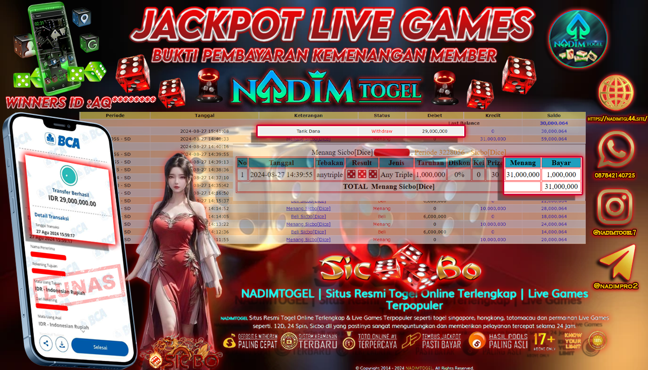 NADIMTOGEL JACKPOT LIVEGAME SICBO DICE Rp.29.000.000,- LUNAS