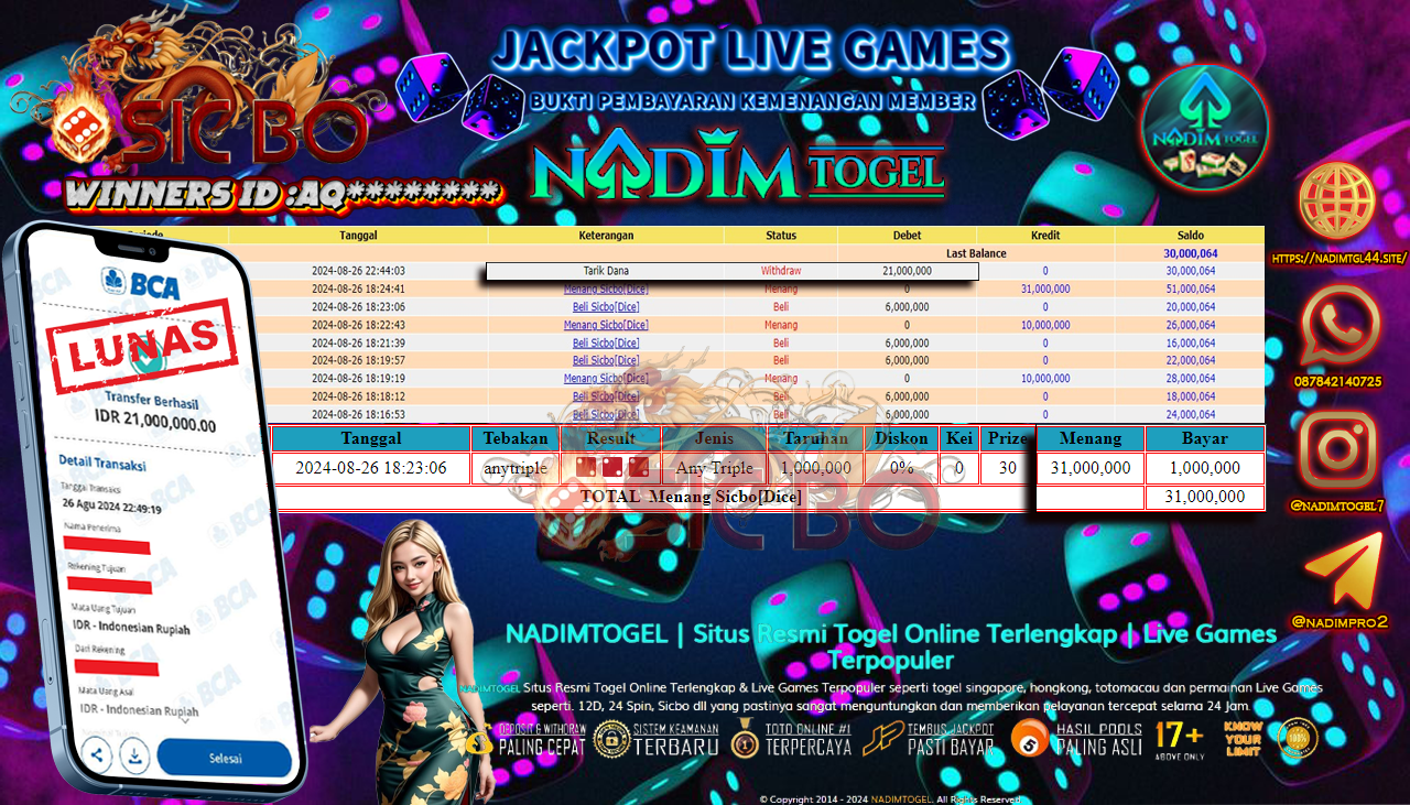 NADIMTOGEL JACKPOT LIVEGAME SICBO DICE Rp.21.000.000,- LUNAS