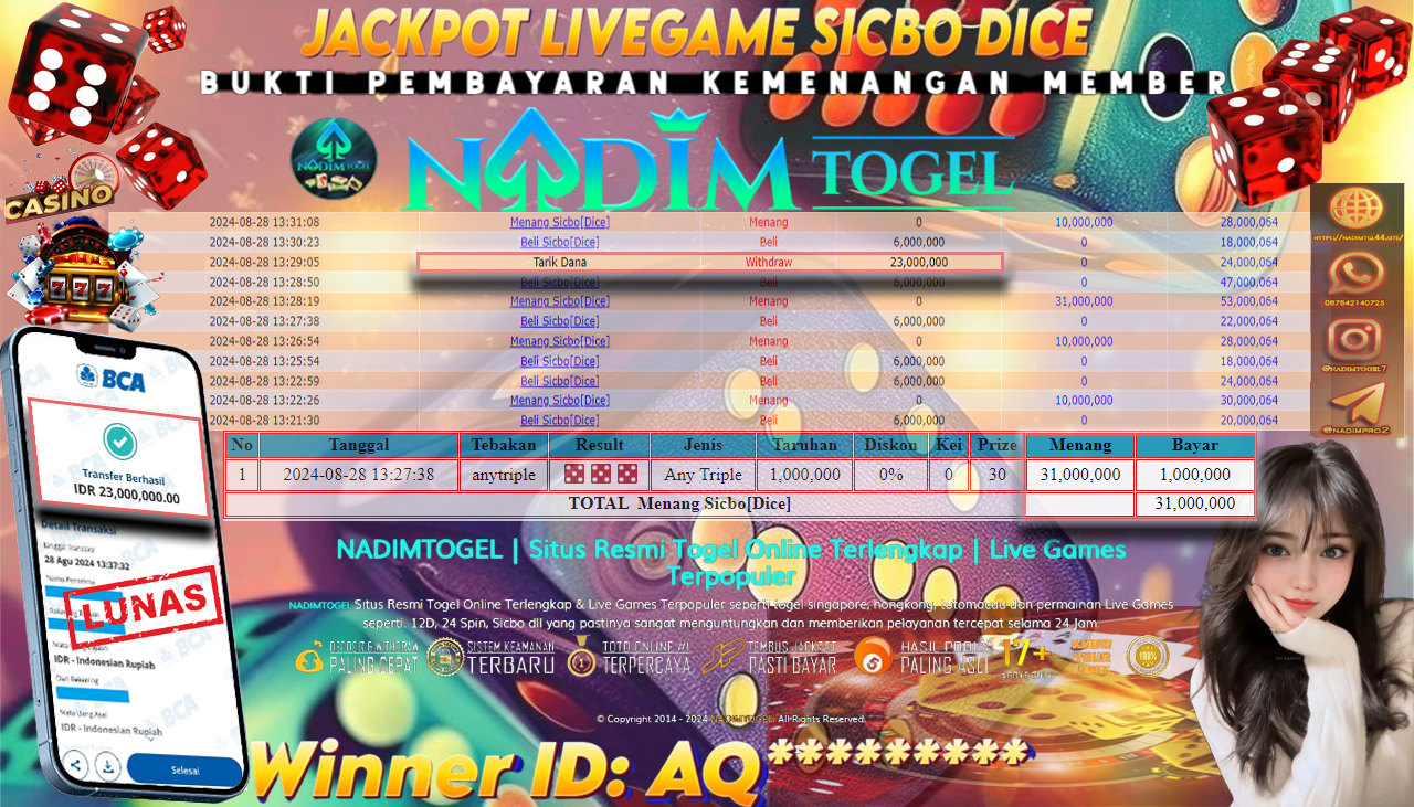 NADIMTOGEL JACKPOT LIVEGAME SICBO DICE Rp.23.000.000,- LUNAS