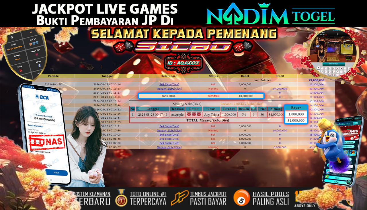 NADIMTOGEL JACKPOT LIVEGAME SICBO DICE Rp.40.000.000,- LUNAS
