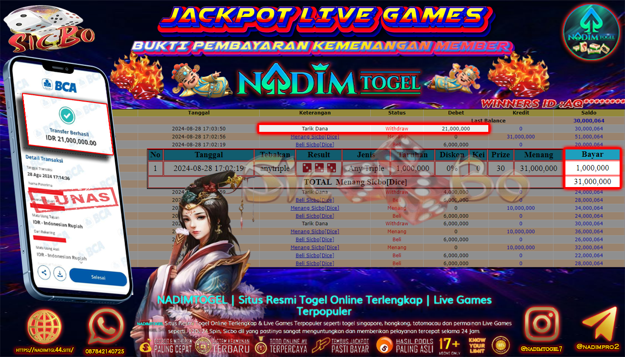 NADIMTOGEL JACKPOT LIVEGAME SICBO DICE Rp.21.000.000,- LUNAS