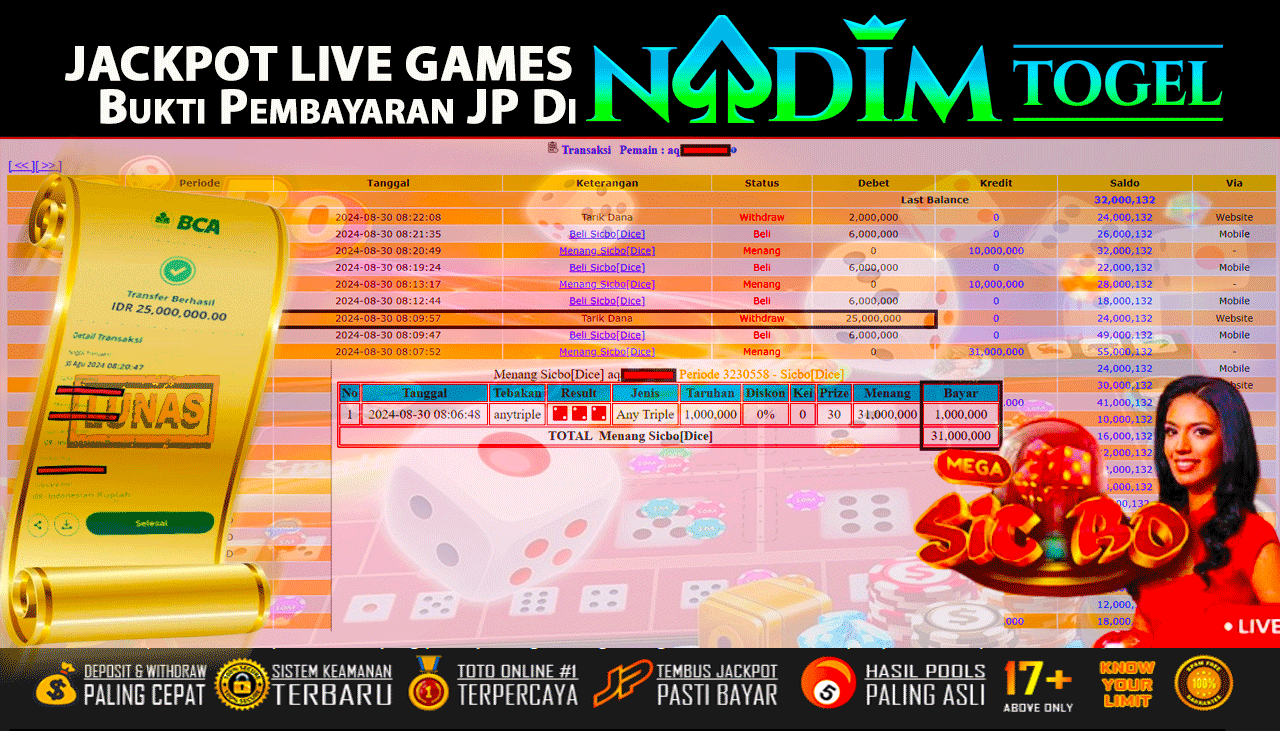 NADIMTOGEL JACKPOT LIVE GAMES SICBO DICE  Rp 25,000,000,- LUNAS