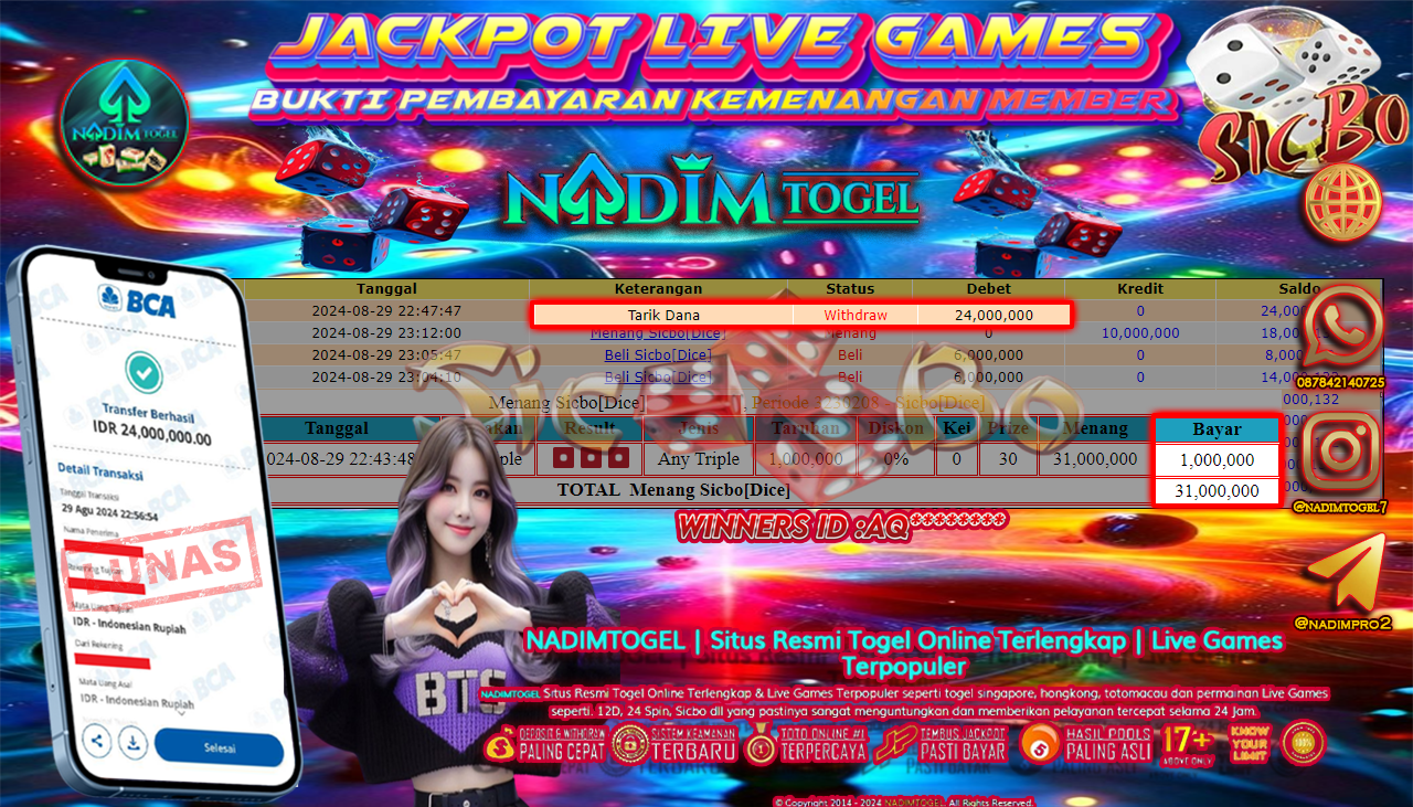 NADIMTOGEL JACKPOT LIVEGAME SICBO DICE Rp.24.000.000,- LUNAS