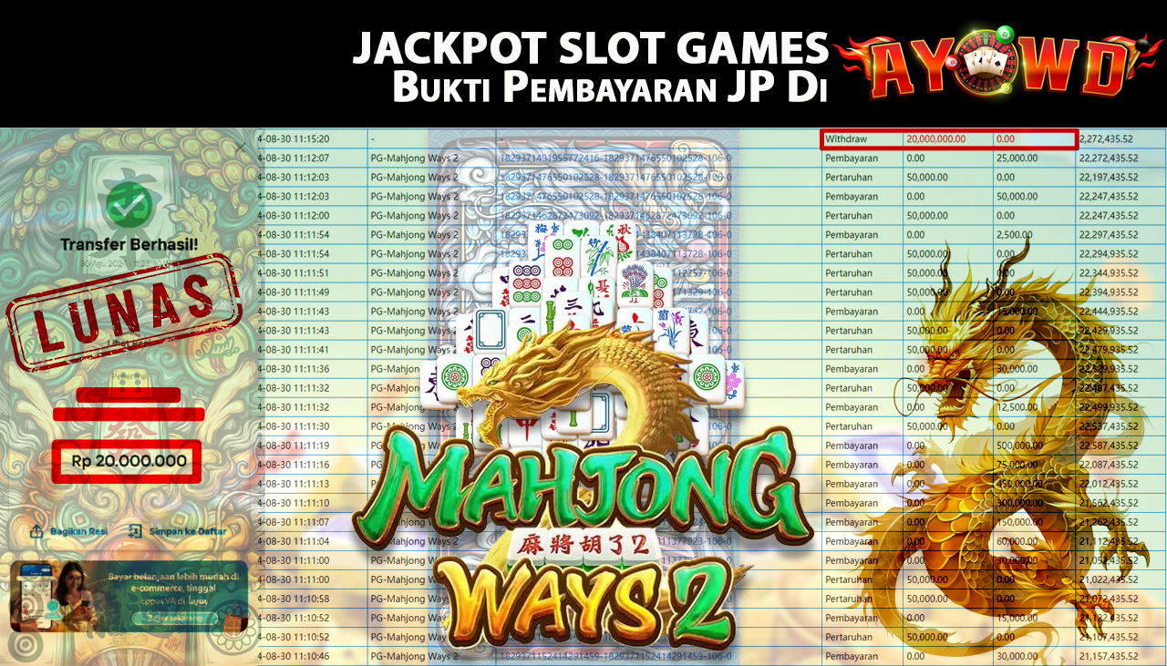 AYOWD JACKPOT SLOT GAME PG-Mahjong Ways 2 Rp 20,000,000 LUNAS