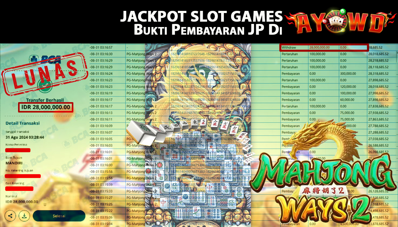 AYOWD JACKPOT SLOT GAME PG-Mahjong Ways 2 Rp 28,000,000 LUNAS