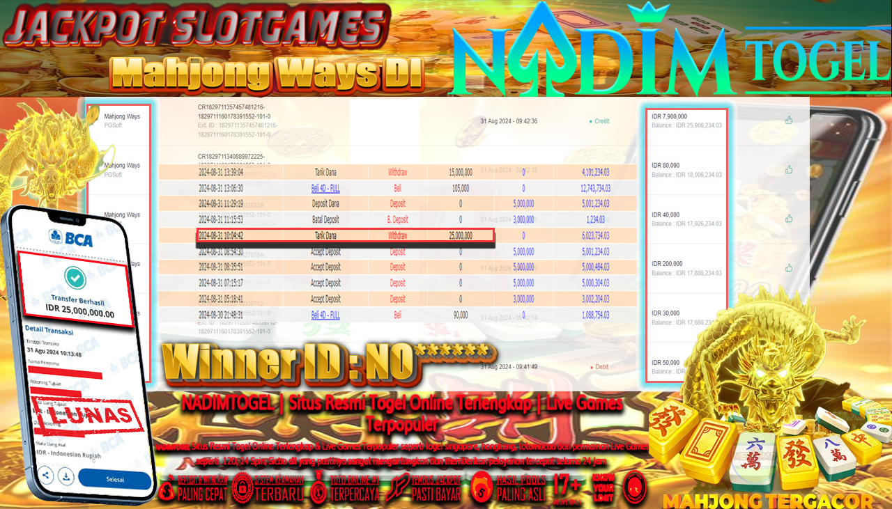 NADIMTOGEL JACKPOT SLOT MAHJONG WAYS Rp 25,000,000,- LUNAS