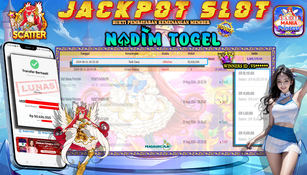 NADIMTOGEL JACKPOT SLOT MANIA PRINCESS Rp 50,626,000,- LUNAS