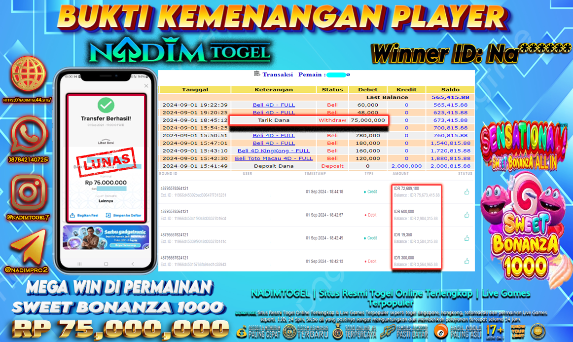 NADIMTOGEL JACKPOT SWEET BONANZA 1000 Rp 75,000,000,- LUNAS