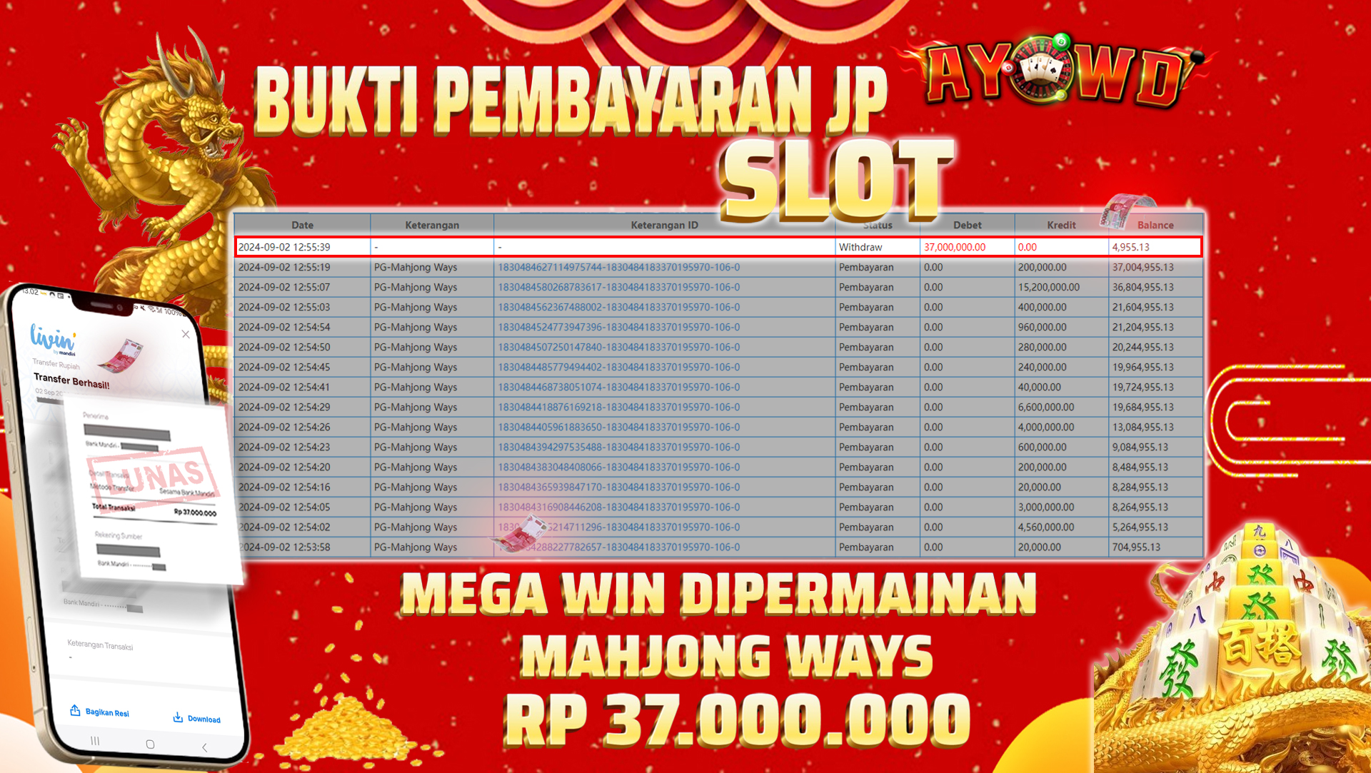 AYOWD JACKPOT SLOT GAME PG-Mahjong Ways Rp 37,000,000 LUNAS