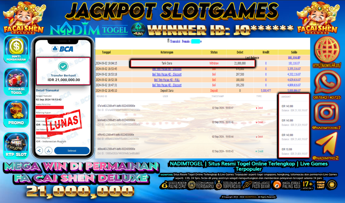 NADIMTOGEL JACKPOT SLOT FAI CAI SHEN DELUXE 1000 Rp 21,000,000,- LUNAS