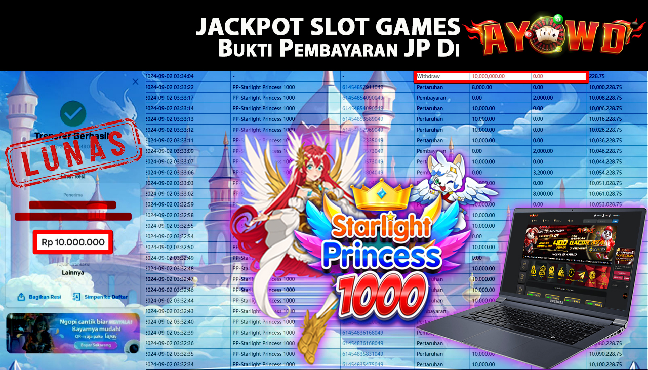 AYOWD JACKPOT SLOT GAME PP-Starlight Princess 1000 Rp 10,000,000 LUNAS