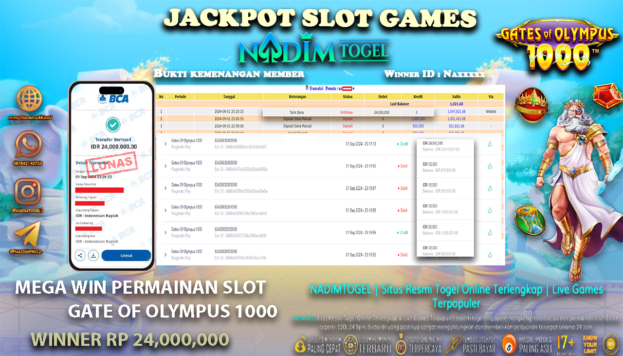 NADIMTOGEL JACKPOT SLOT GATE OF OLYMPUS 1000  Rp 24,000,000,- LUNAS