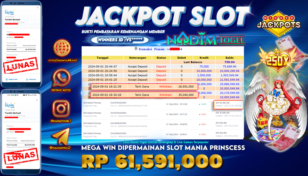 NADIMTOGEL JACKPOT SLOT MANIA PRINCESS Rp 61,591,000,- LUNAS