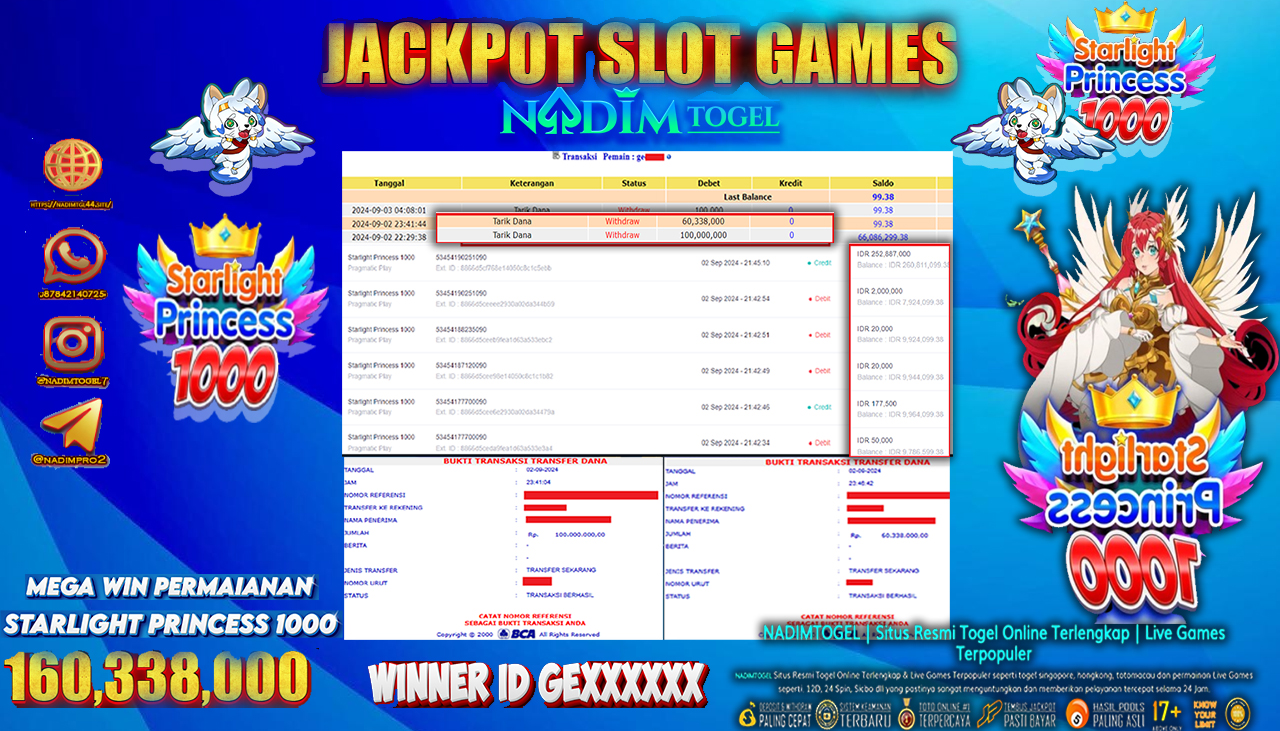 NADIMTOGEL JACKPOT SLOT STARLIGHT PRINCESS 1000  Rp 160.338.000,- LUNAS