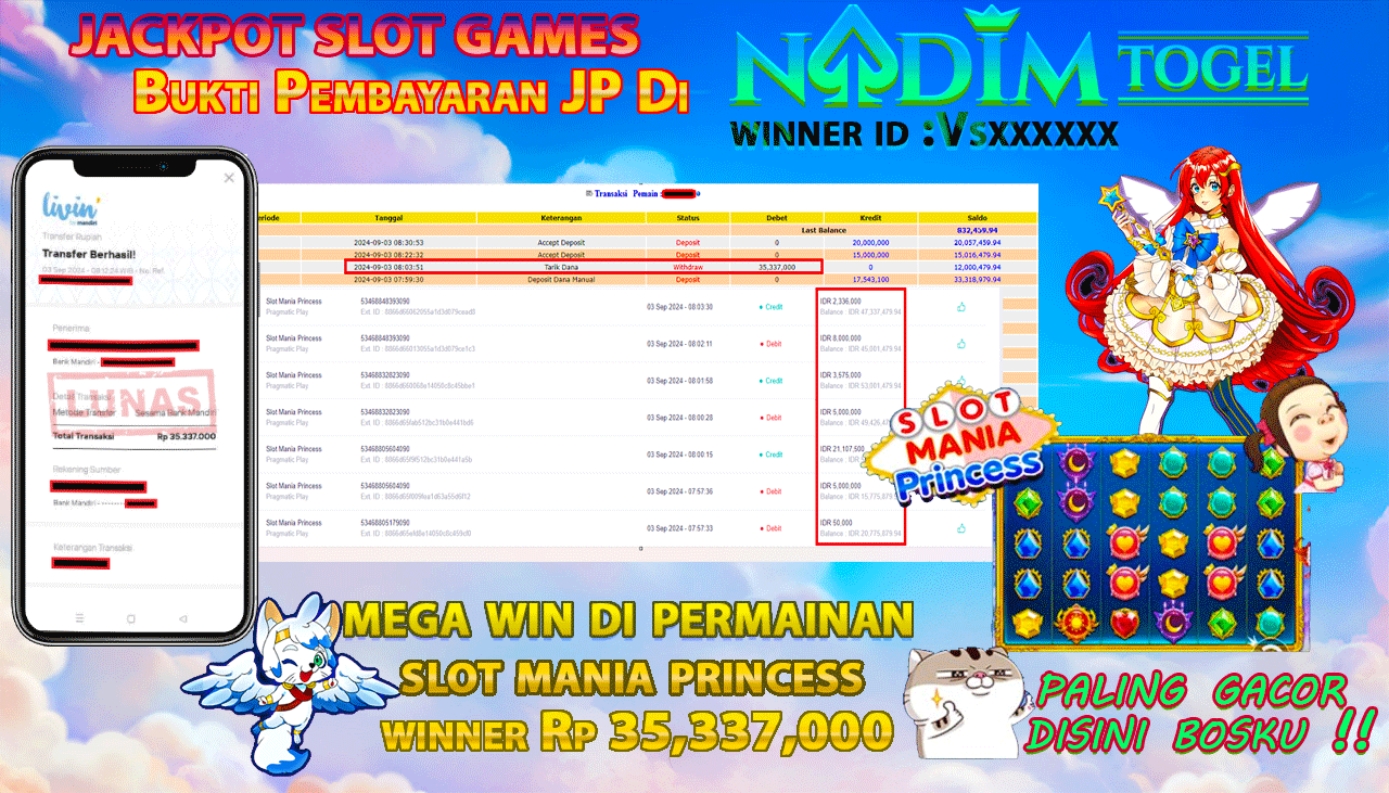 NADIMTOGEL JACKPOT SLOT MANIA PRINCESS  Rp 35.337.000,- LUNAS