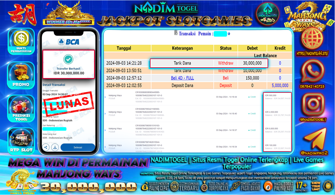 NADIMTOGEL JACKPOT SLOT MAHJONG WAYS Rp 30.000.000,- LUNAS