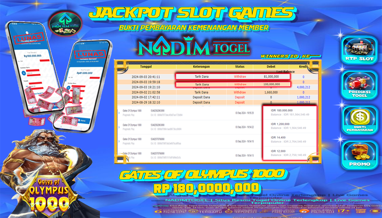 NADIMTOGEL JACKPOT SLOT Gates Of Olympus 1000 Rp 180,000,000,- LUNAS