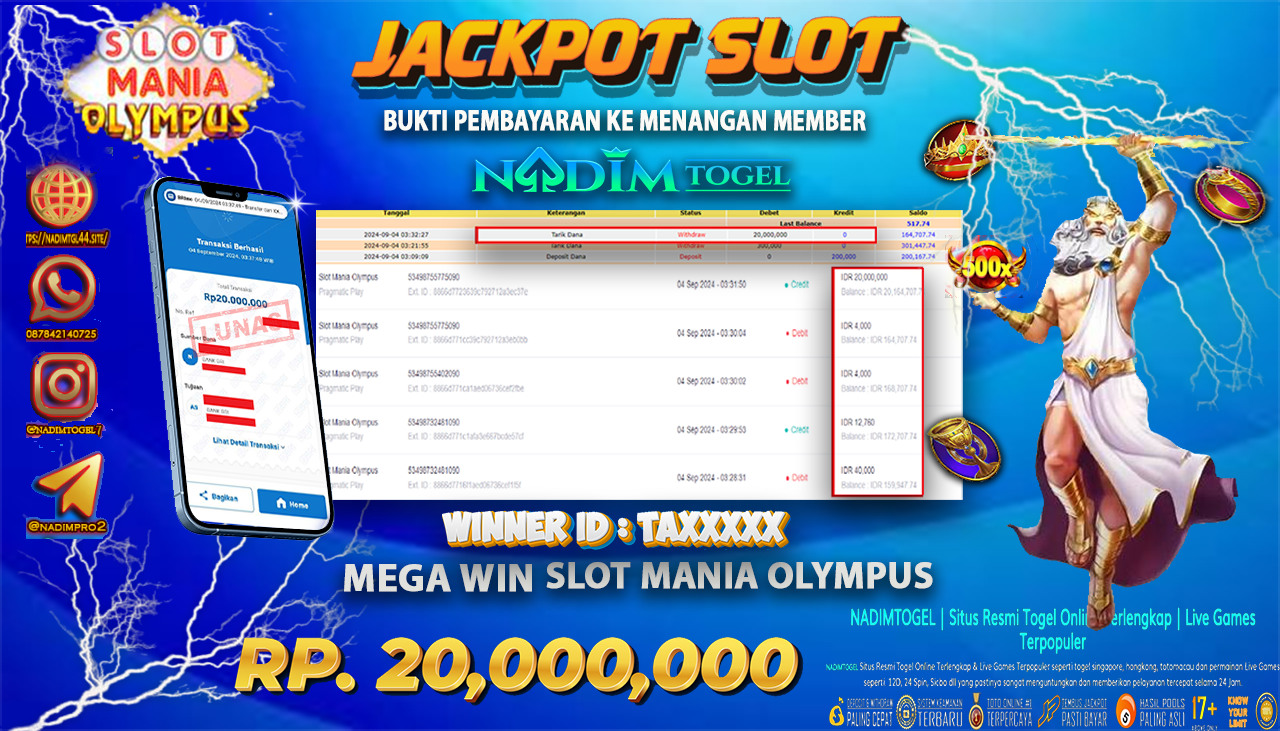 NADIMTOGEL JACKPOT SLOT Mania Olympus Rp 20,000,000,- LUNAS