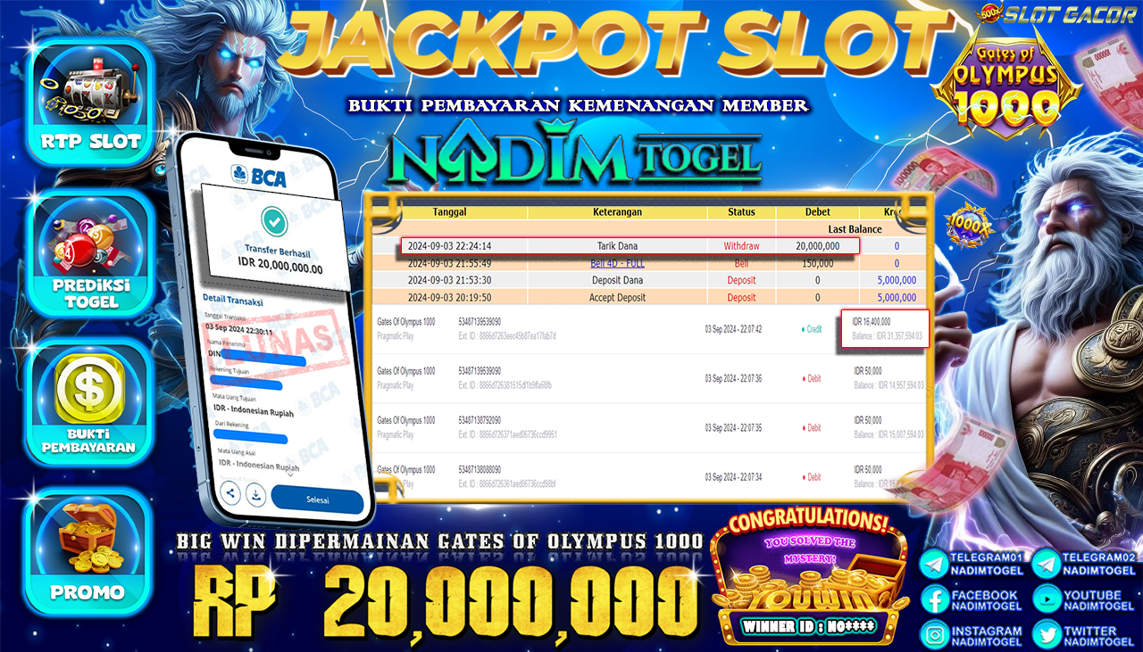 NADIMTOGEL JACKPOT SLOT Gates Of Olympus 1000 Rp 20,000,000,- LUNAS