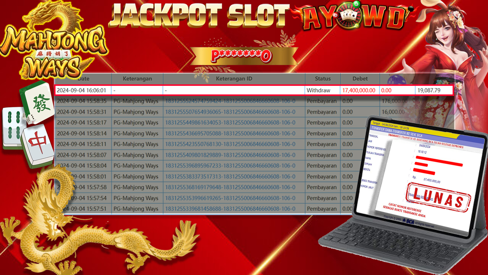 AYOWD JACKPOT SLOT GAME PG-Mahjong Ways Rp 17,400,000 LUNAS