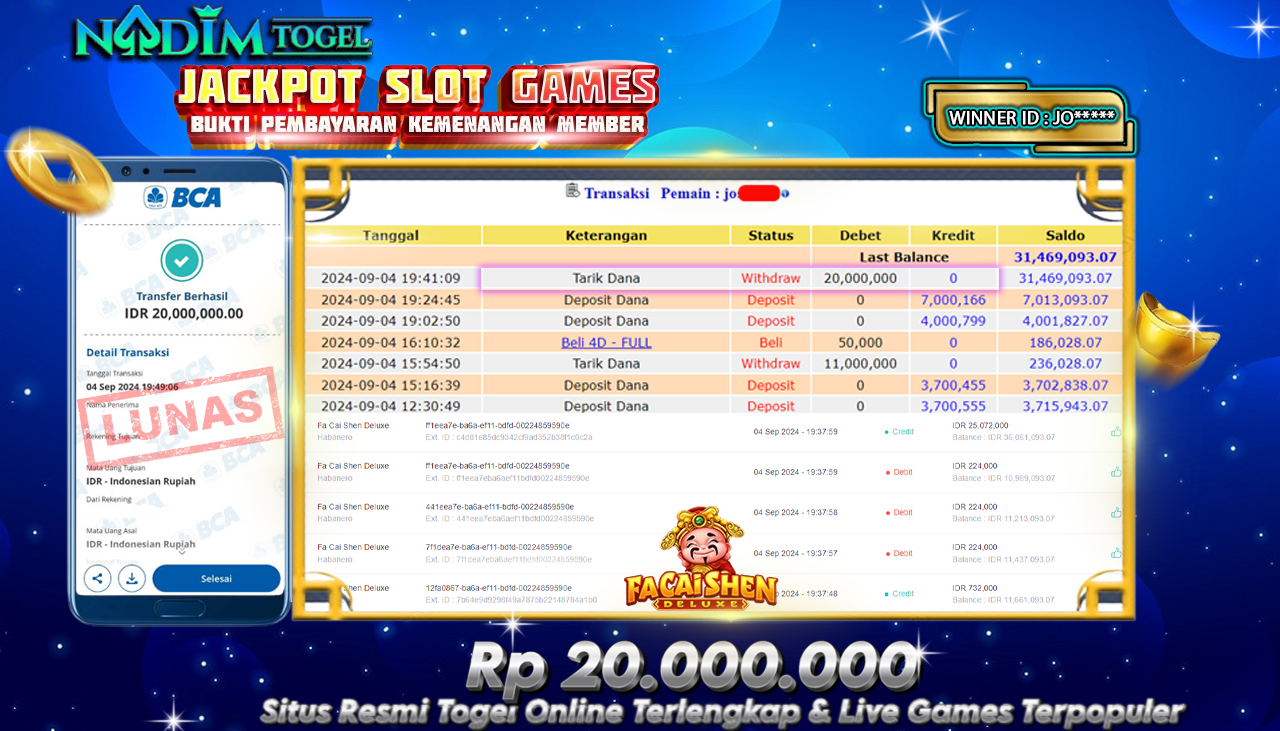 NADIMTOGEL JACKPOT SLOT FA CAI SHEN DELUXE Rp.20.000.000,- LUNAS