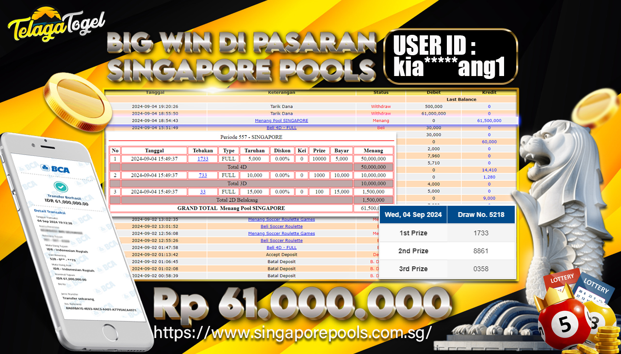 TELAGATOGEL JACKPOT TOGEL SINGAPORE  Rp 61,000,000,- LUNAS
