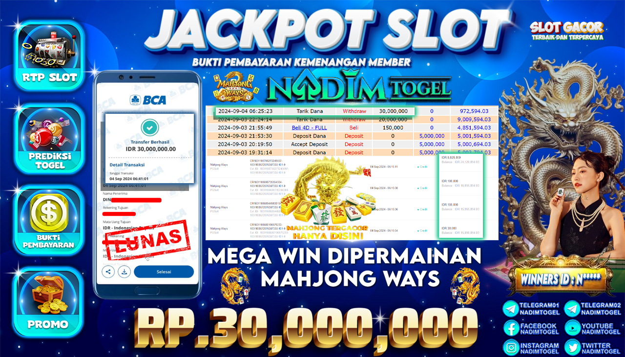NADIMTOGEL JACKPOT SLOT MAHJONG WAYS Rp 30.000.000,- LUNAS