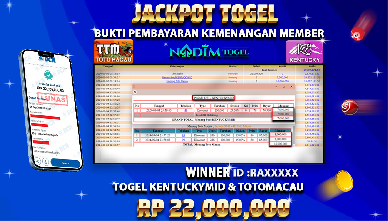 Selamat kepada User id : Ra******* Telah berhasil mendapatkan kemenangan besar pada permainan TOGEL TOTO MACAU & KENTUCKY  Rp.22,000,000,-