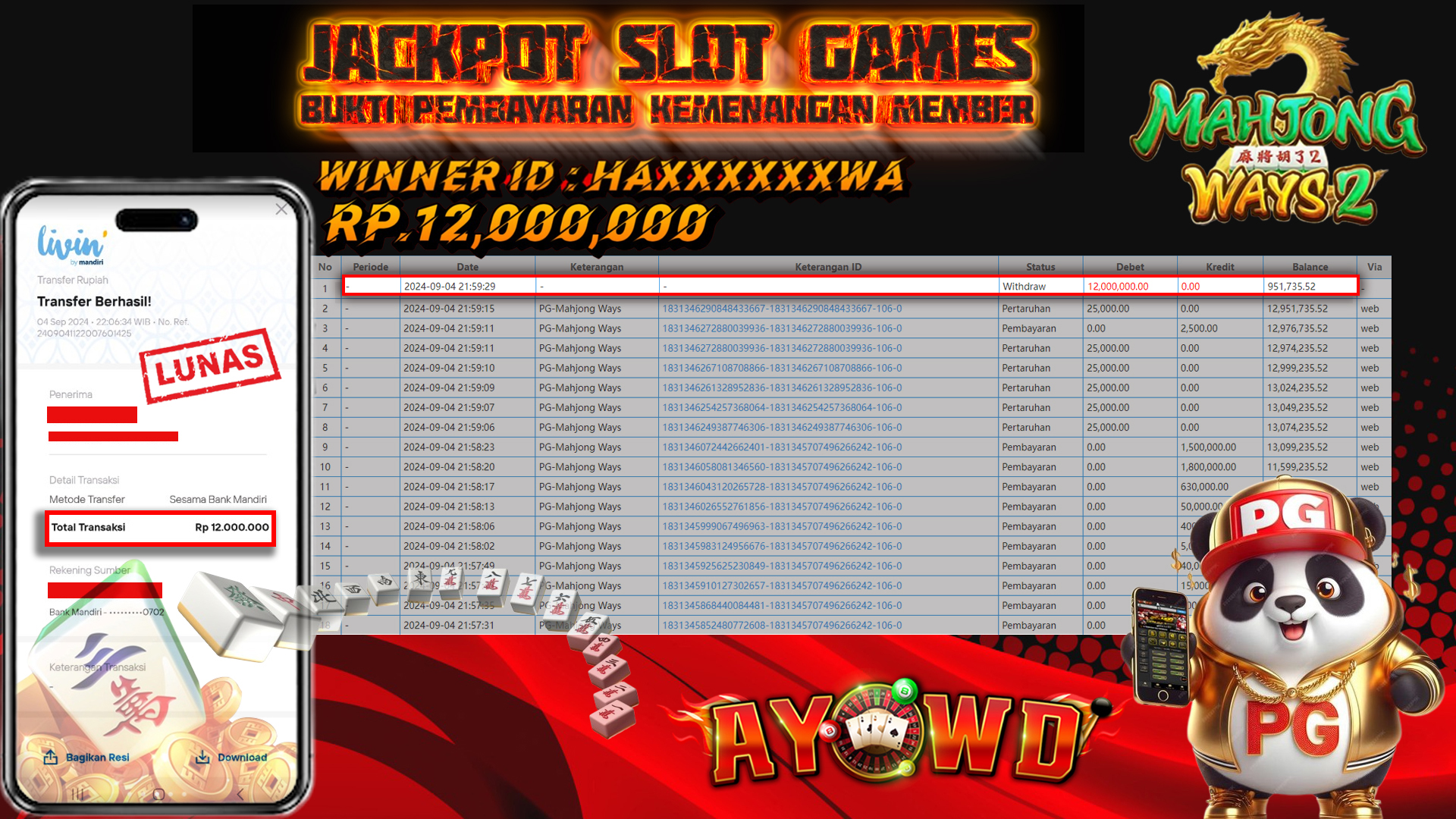 AYOWD JACKPOT SLOT GAME PG-Mahjong Ways Rp 12,000,000 LUNAS