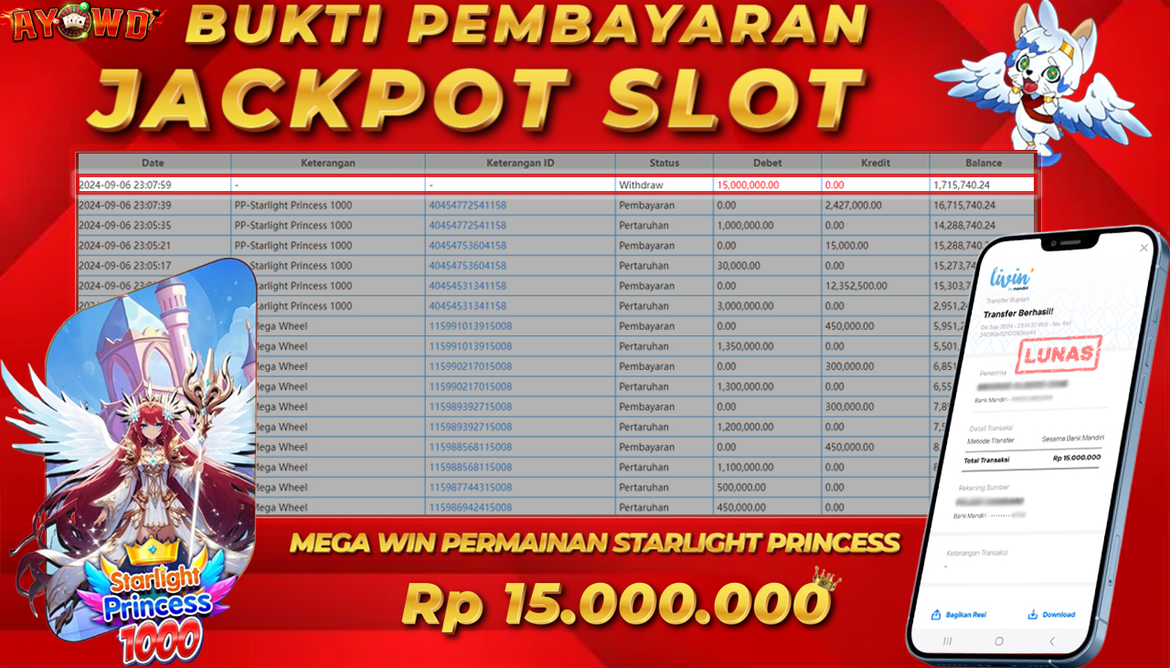 AYOWD JACKPOT SLOT GAME PP-Starlight Princess 1000 Rp 15,000,000 LUNAS