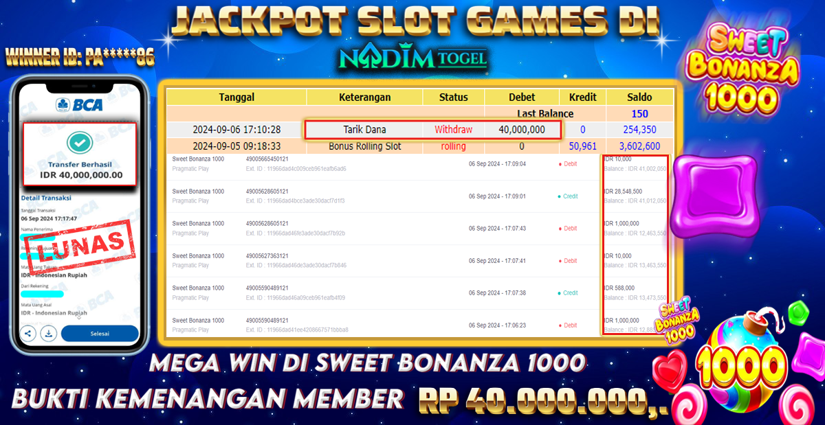 NADIMTOGEL JACKPOT SWEET BONANZA 1000 Rp 40.000.000,- LUNAS