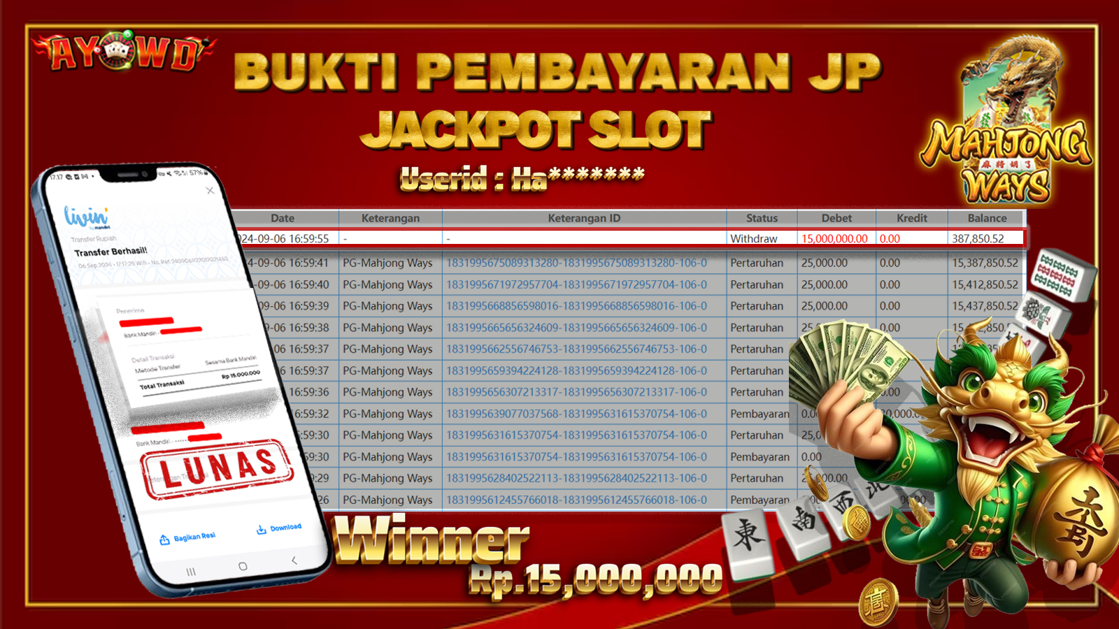 AYOWD JACKPOT SLOT GAME PG-Mahjong Ways Rp 15,000,000 LUNAS