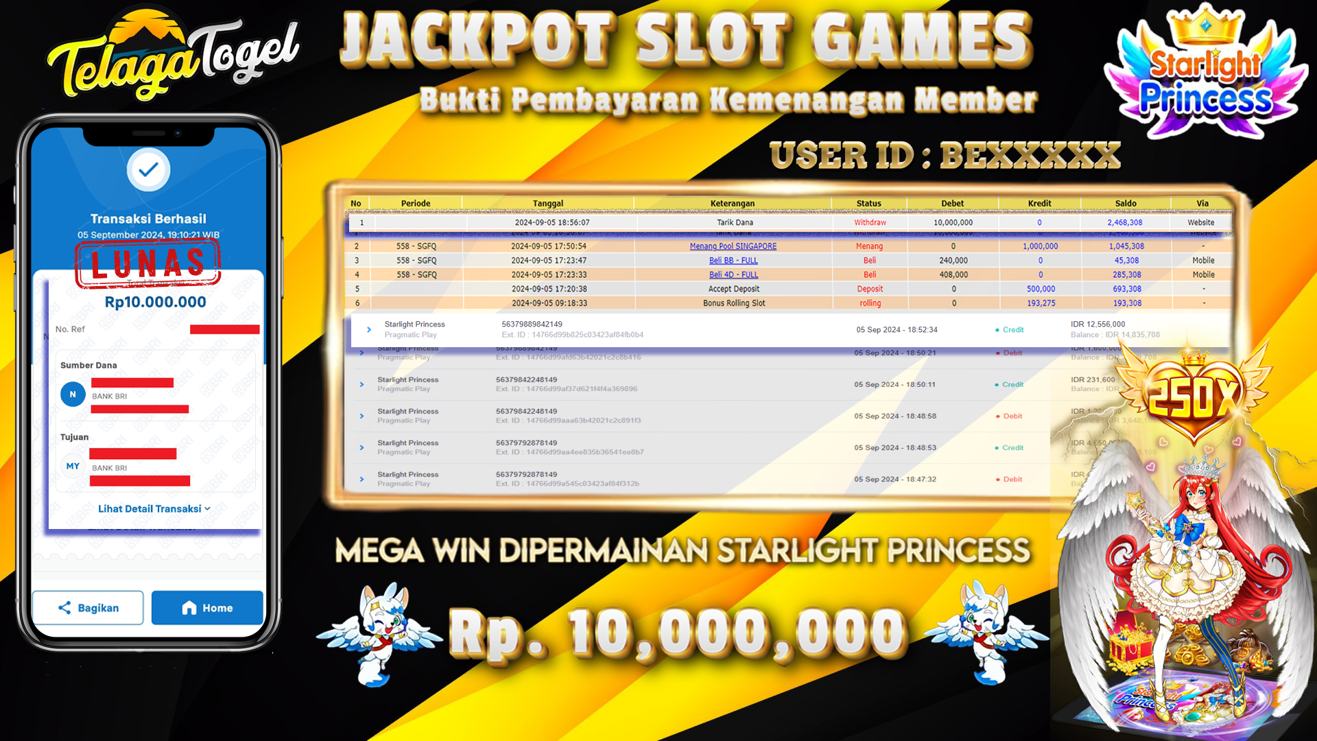 TELAGATOGEL JACKPOT SLOT Starlight Princess Rp,10,000,000,- LUNAS