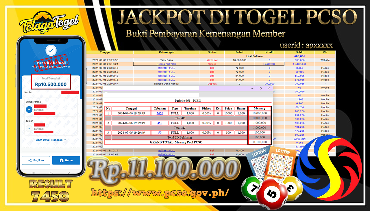 TELAGATOGEL JACKPOT TOGEL PCSO Rp 11.100.000,- LUNAS