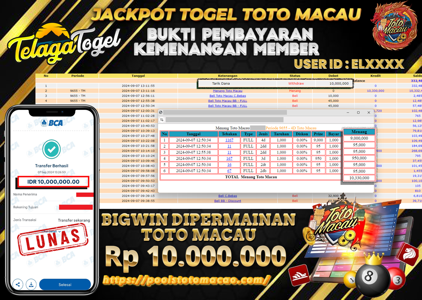 TELAGATOGEL JACKPOT TOGEL TOTO MACAU Rp 10.000.000,- LUNAS