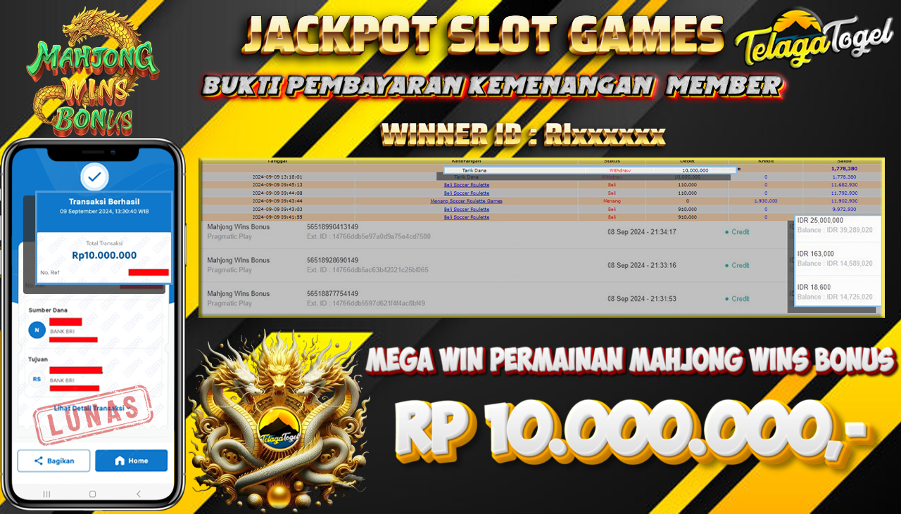 TELAGATOGEL JACKPOT SLOT Mahjong Wins Bonus Rp,10,000,000,- LUNAS
